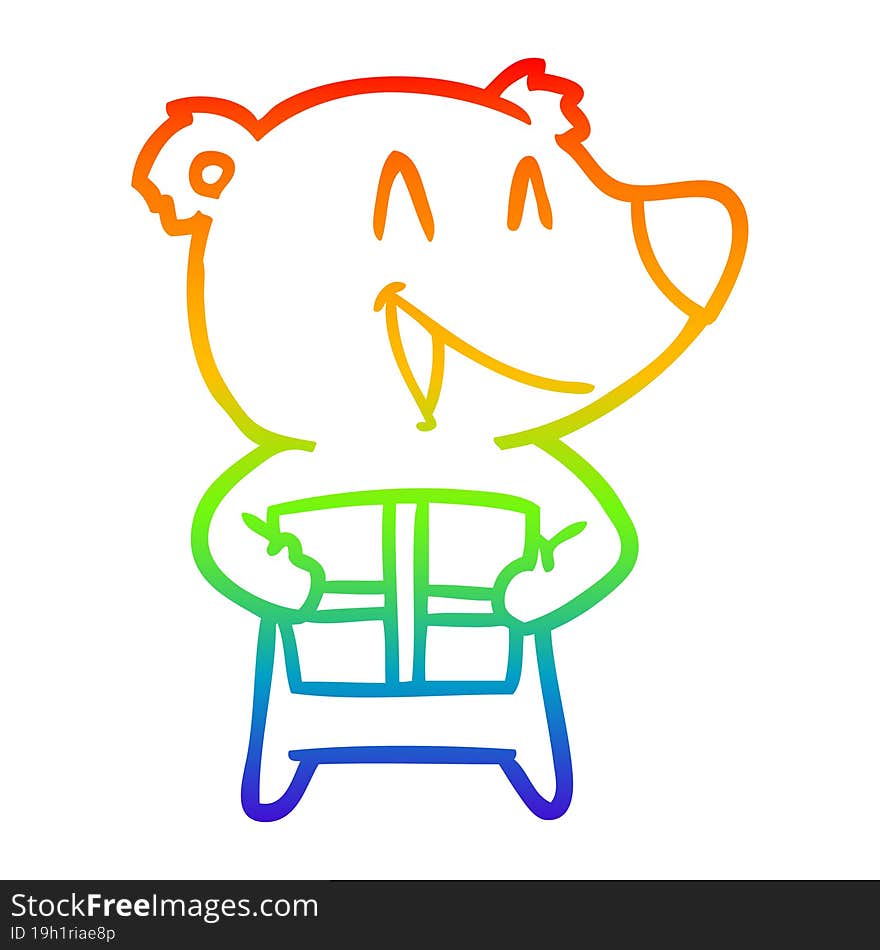 rainbow gradient line drawing of a cartppm bear with present