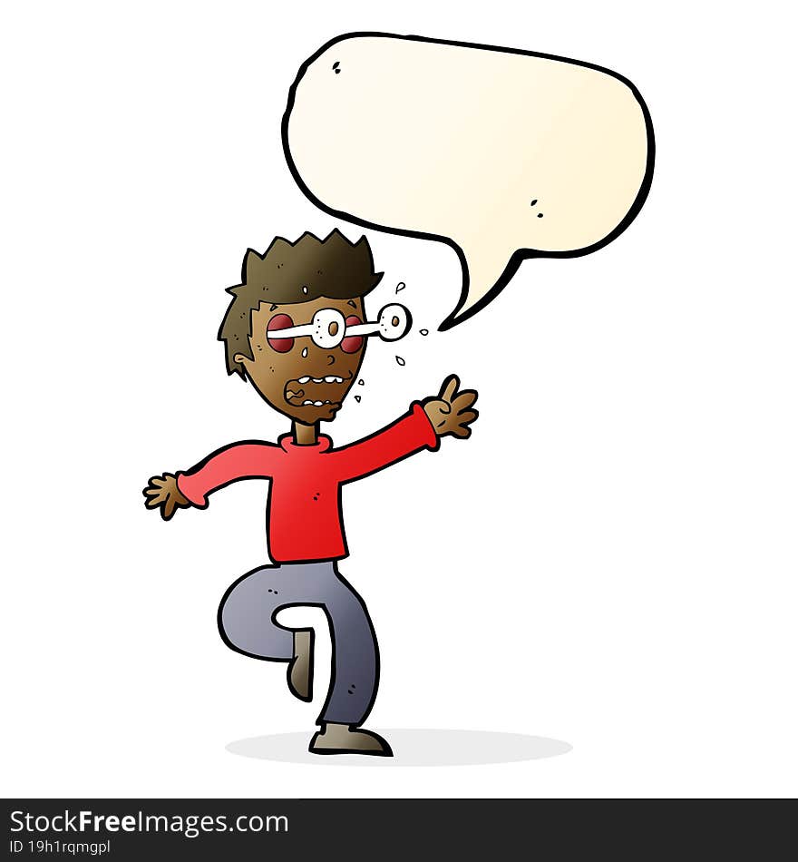 cartoon terrified man with eyes popping out with speech bubble