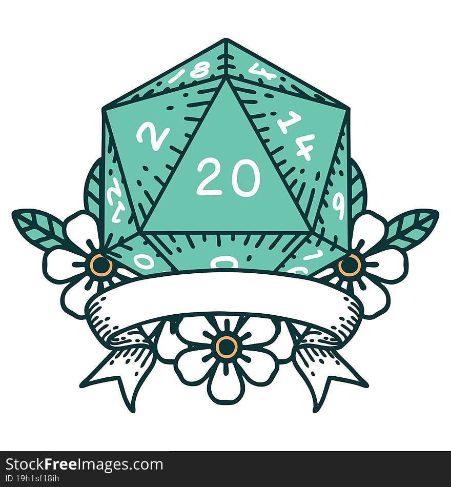 Retro Tattoo Style natural 20 critical hit D20 dice roll. Retro Tattoo Style natural 20 critical hit D20 dice roll