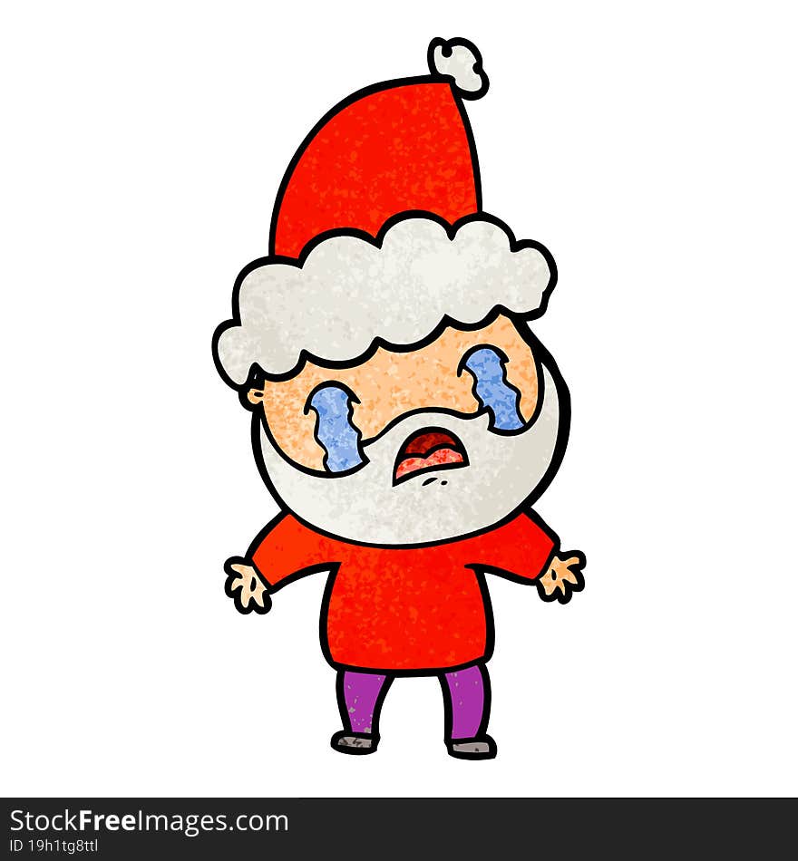 textured cartoon of a bearded man crying wearing santa hat