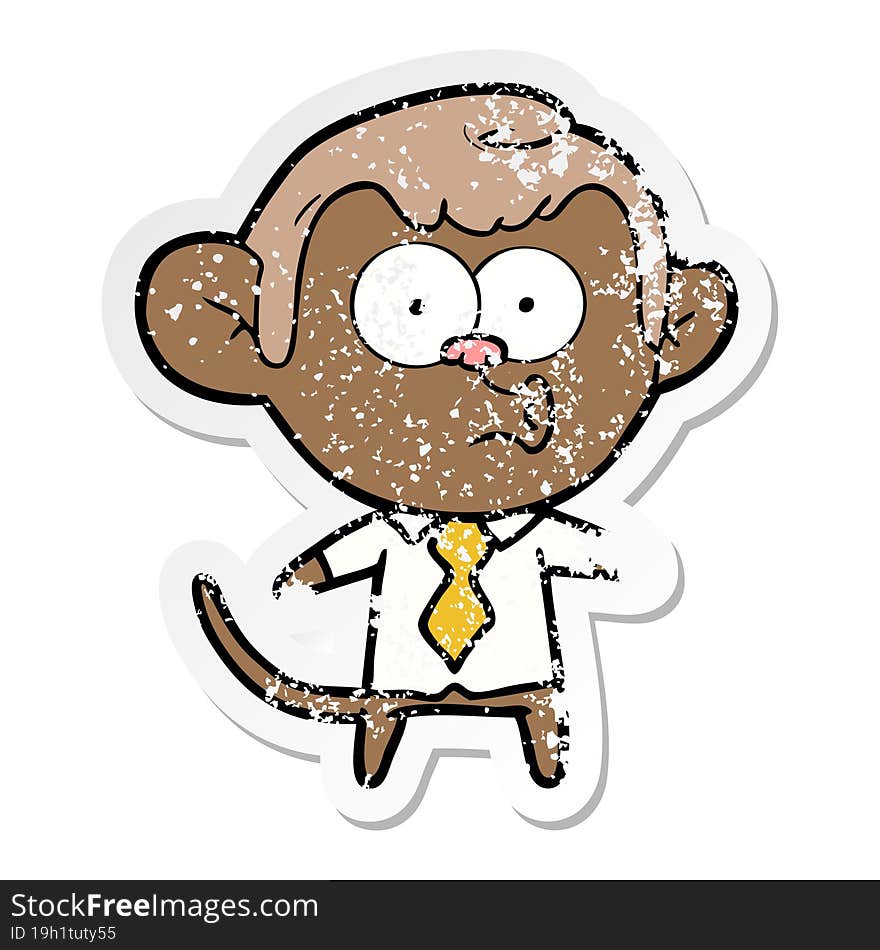 distressed sticker of a cartoon office monkey