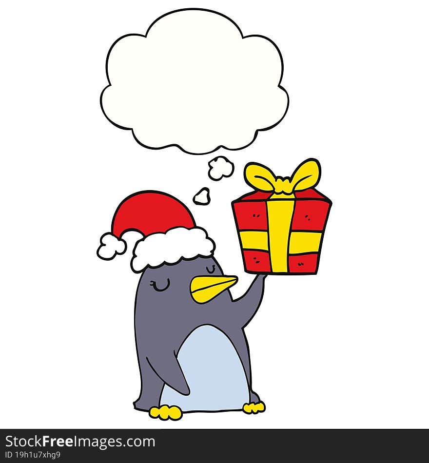 cartoon penguin with christmas present with thought bubble