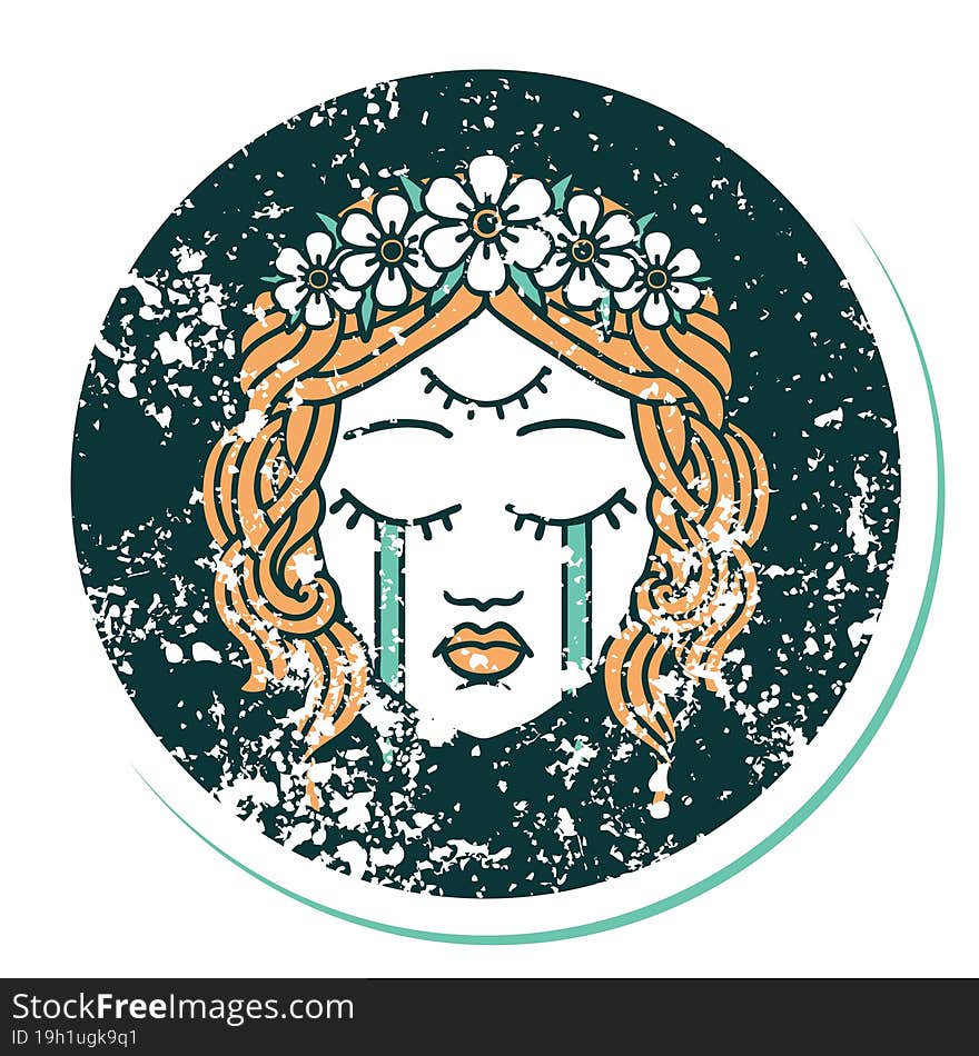 distressed sticker tattoo style icon of female face crying with third eye