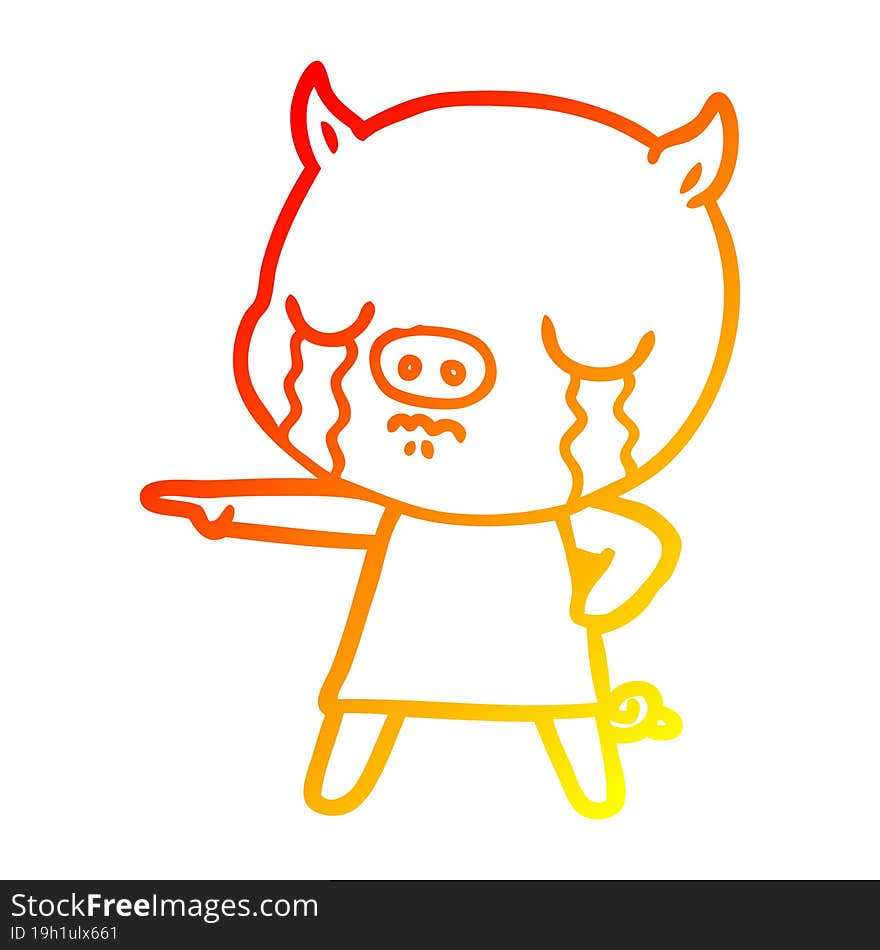 warm gradient line drawing of a cartoon pig crying pointing