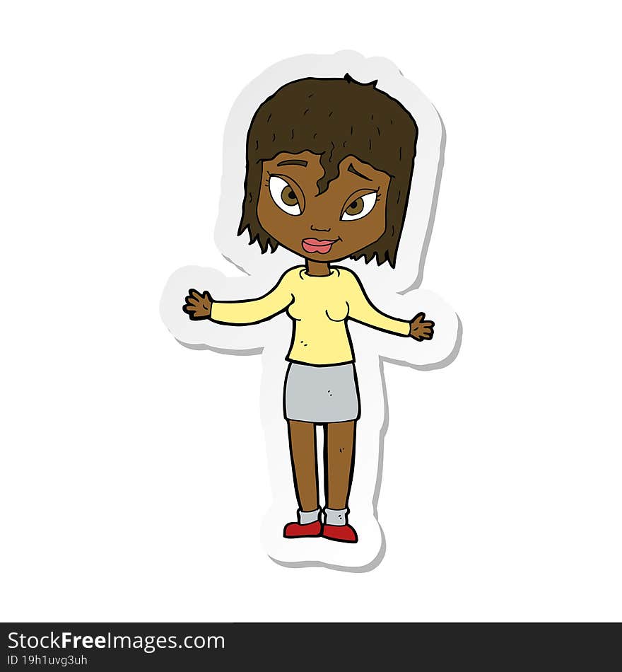 sticker of a cartoon woman shrugging shoulders