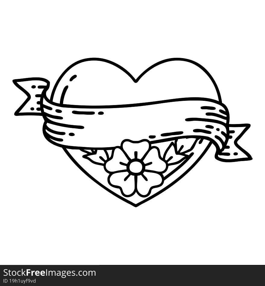 tattoo in black line style of a heart and banner with flowers. tattoo in black line style of a heart and banner with flowers