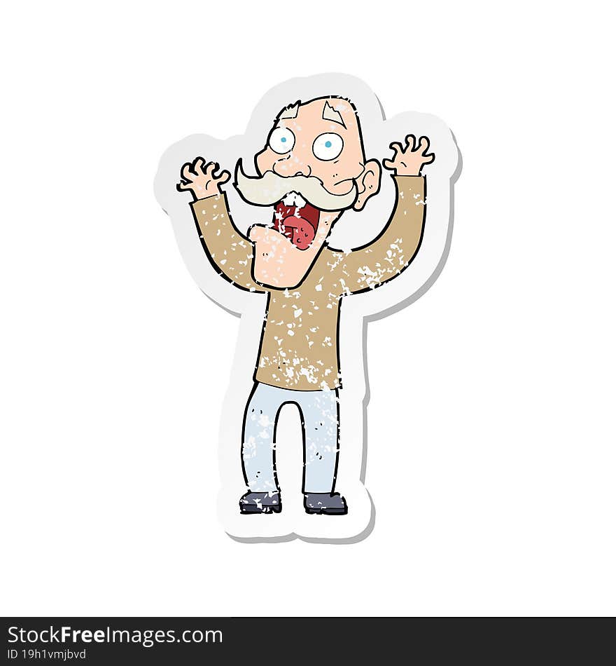 retro distressed sticker of a cartoon old man getting a fright