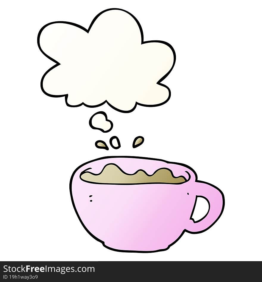 cartoon coffee cup and thought bubble in smooth gradient style