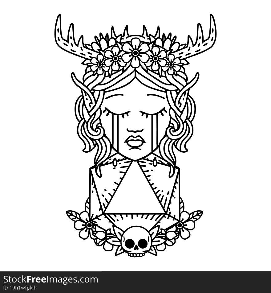 Black and White Tattoo linework Style crying elf druid character face with natural one D20 roll. Black and White Tattoo linework Style crying elf druid character face with natural one D20 roll