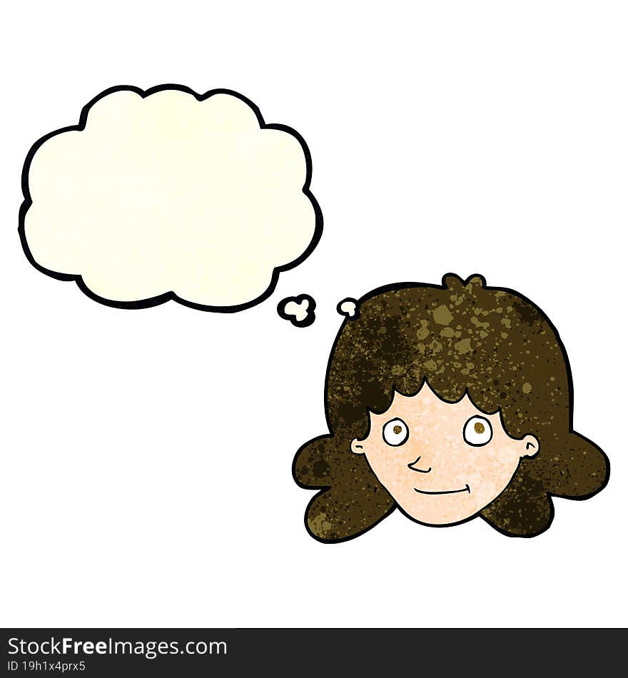 cartoon happy female face with thought bubble