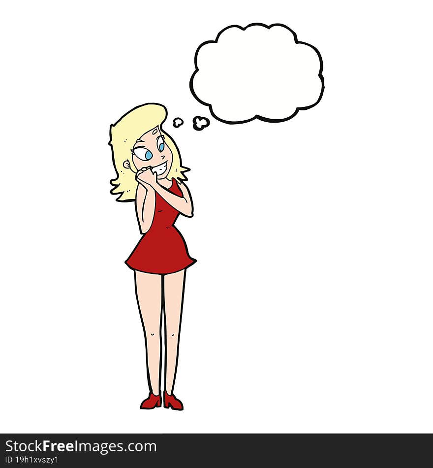 cartoon excited woman with thought bubble