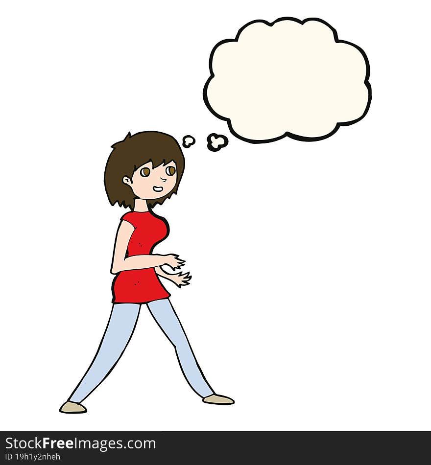 cartoon woman walking with thought bubble