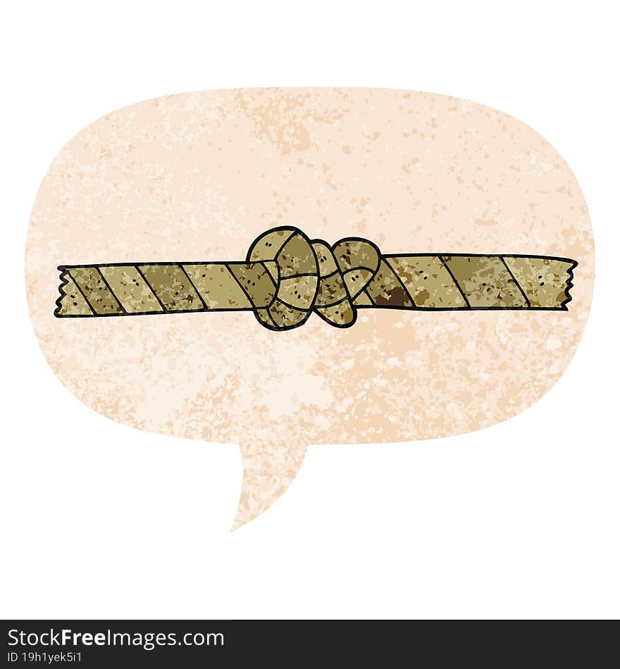 cartoon knotted rope and speech bubble in retro textured style