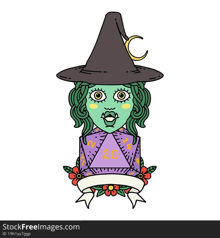 Half Orc Witch Character With Natural 20 Dice Roll Illustration