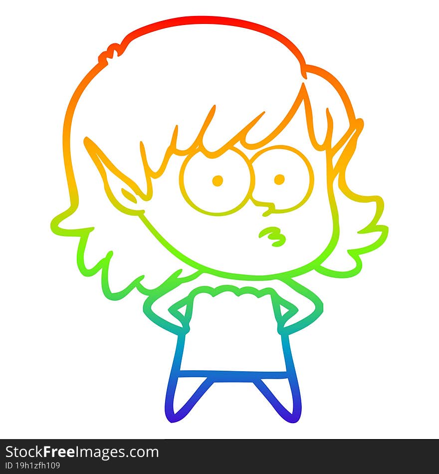 Rainbow Gradient Line Drawing Cartoon Elf Girl Staring