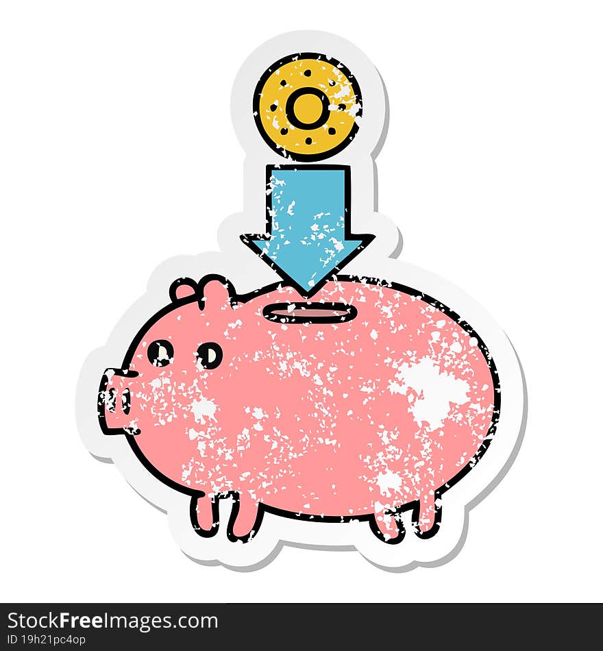 distressed sticker of a cute cartoon piggy bank