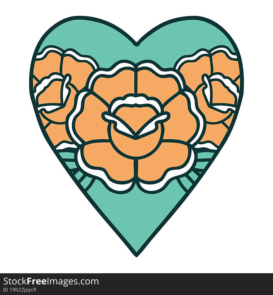 iconic tattoo style image of a heart and flowers. iconic tattoo style image of a heart and flowers