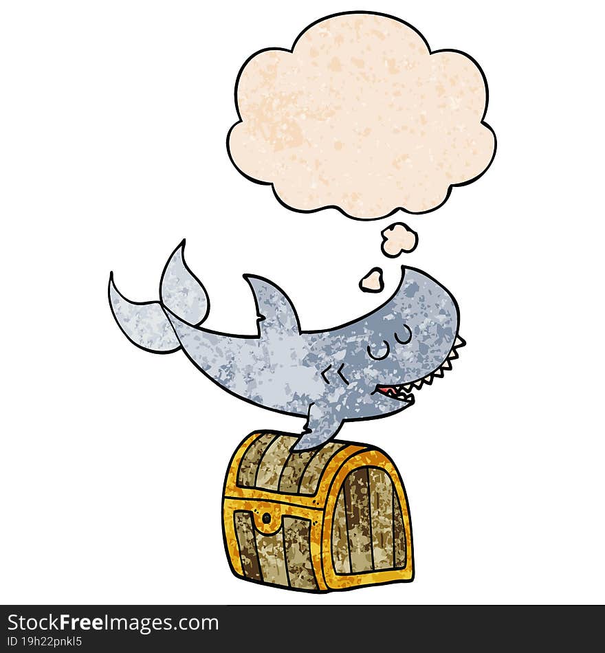 cartoon shark swimming over treasure chest and thought bubble in grunge texture pattern style