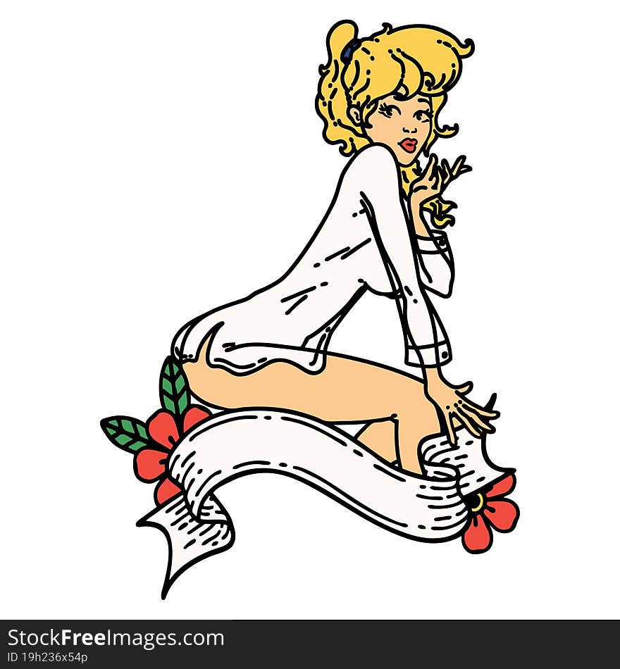 tattoo in traditional style of a pinup girl wearing a shirt with banner. tattoo in traditional style of a pinup girl wearing a shirt with banner