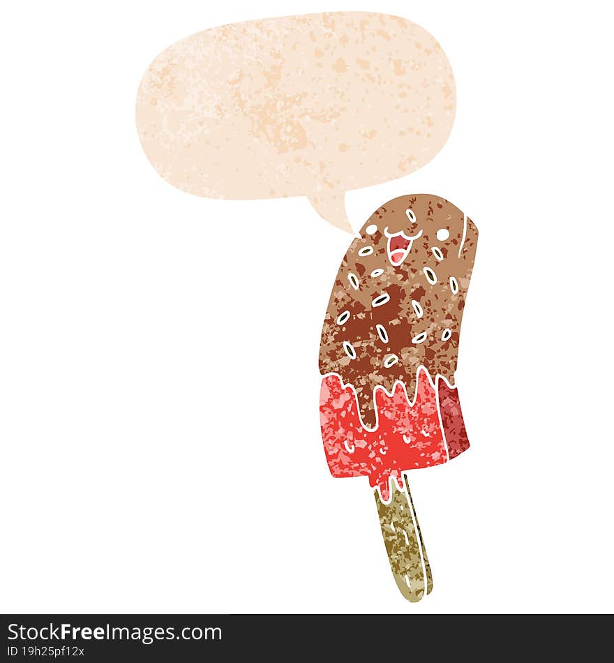 cute cartoon happy ice lolly and speech bubble in retro textured style