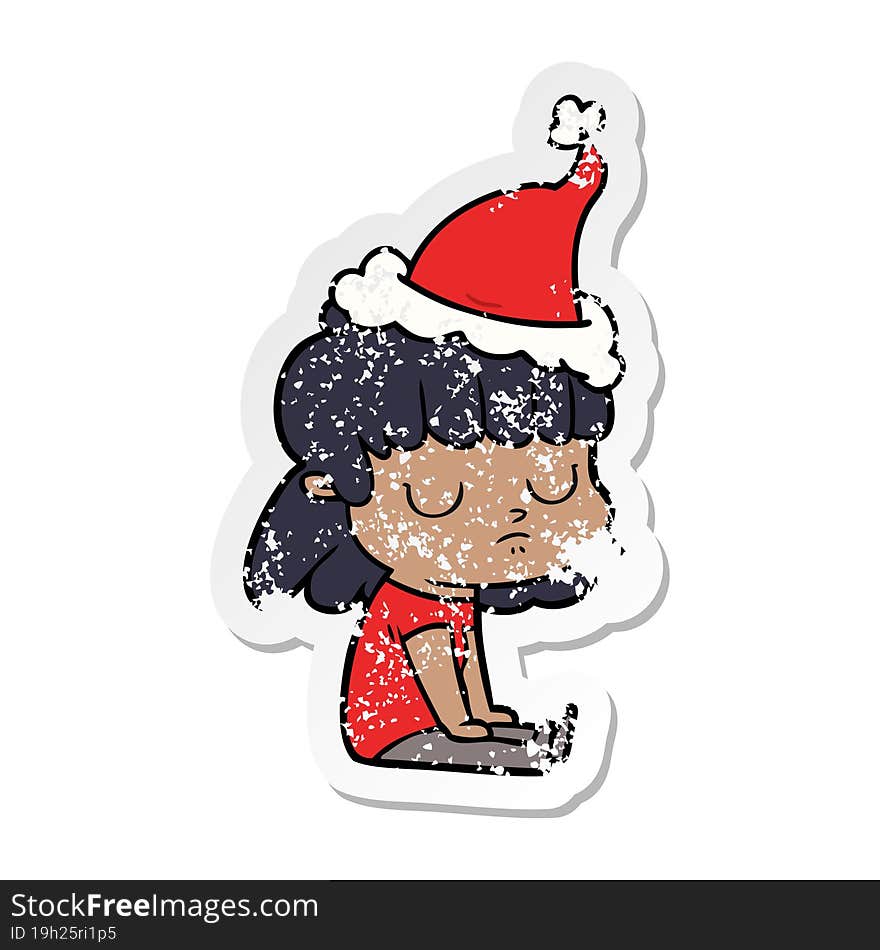 distressed sticker cartoon of a indifferent woman wearing santa hat