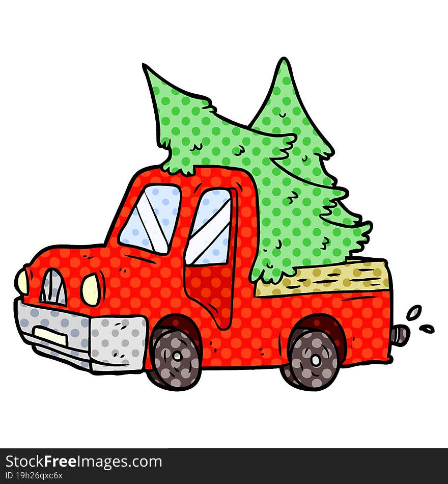 cartoon pickup truck carrying christmas trees. cartoon pickup truck carrying christmas trees