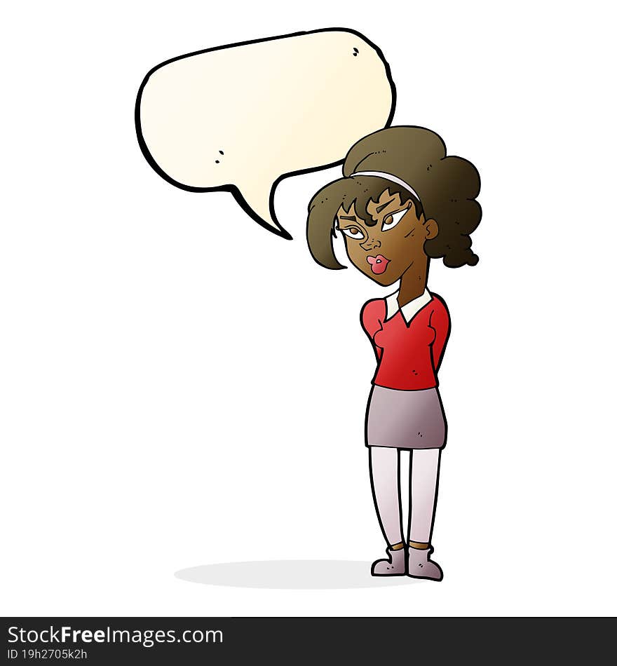 cartoon pretty girl tilting head with speech bubble