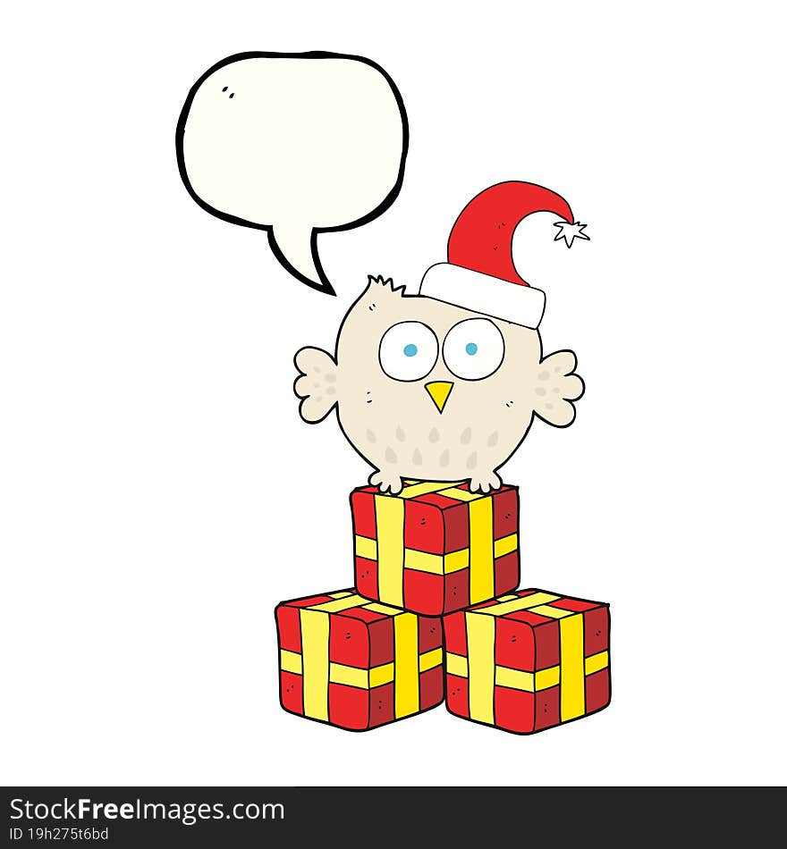 freehand drawn speech bubble cartoon little owl wearing christmas hat