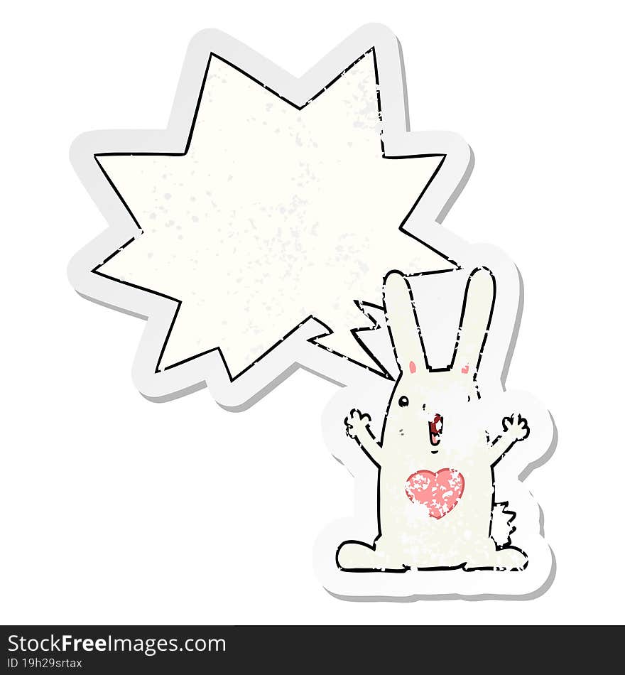 cartoon rabbit in love with speech bubble distressed distressed old sticker. cartoon rabbit in love with speech bubble distressed distressed old sticker