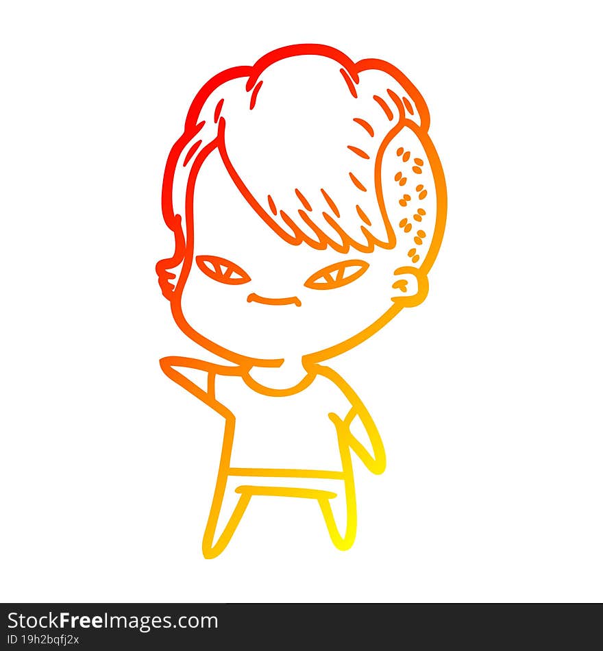 Warm Gradient Line Drawing Cute Cartoon Girl With Hipster Haircut