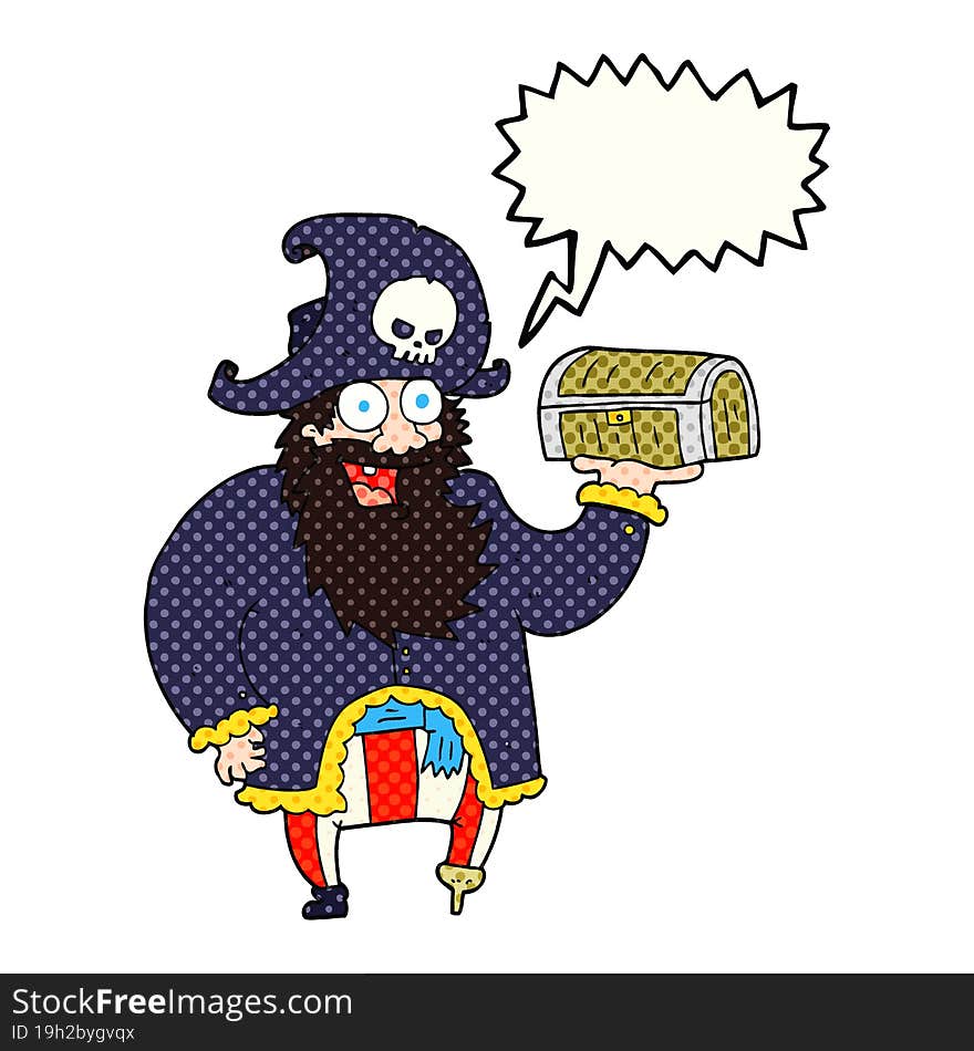 comic book speech bubble cartoon pirate captain with treasure chest