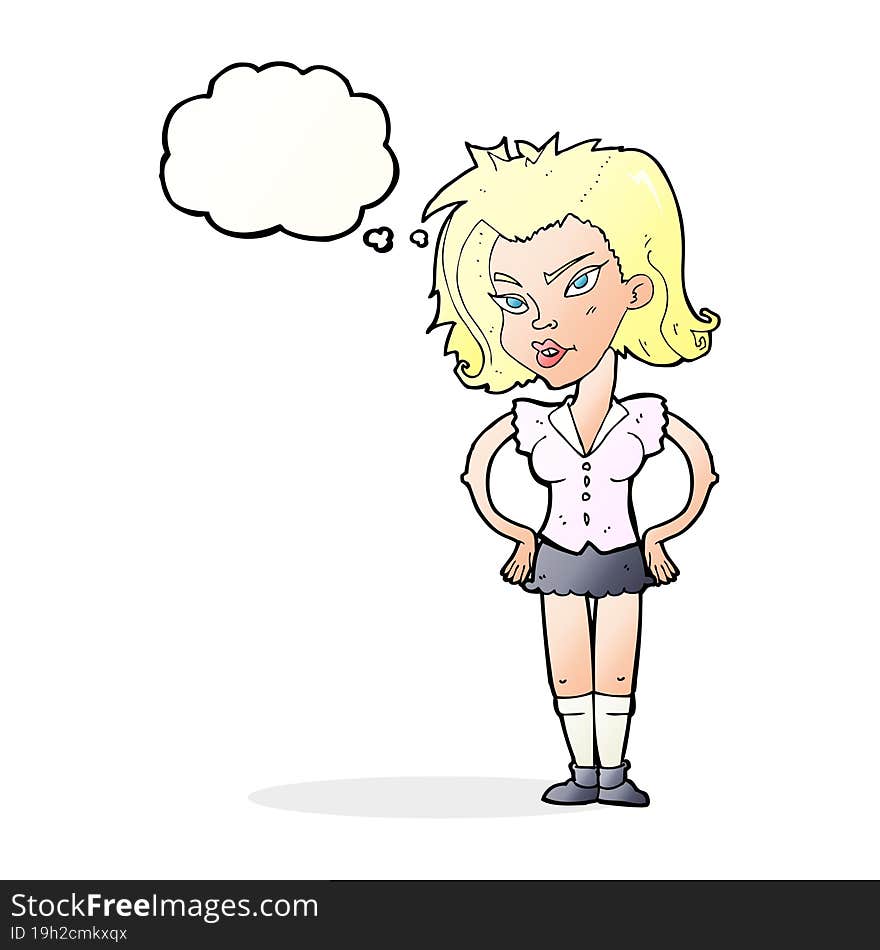 cartoon woman with hands on hips with thought bubble