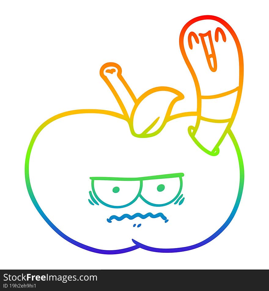 rainbow gradient line drawing of a cartoon worm eating an angry apple