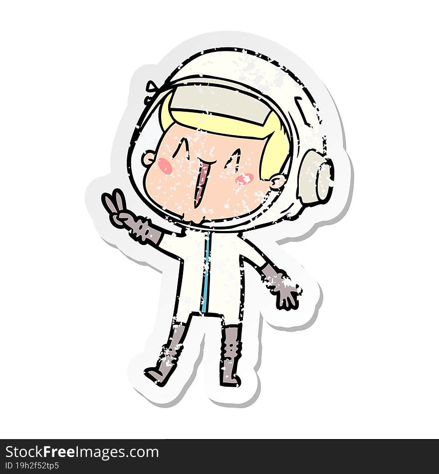 distressed sticker of a happy cartoon astronaut giving peace sign