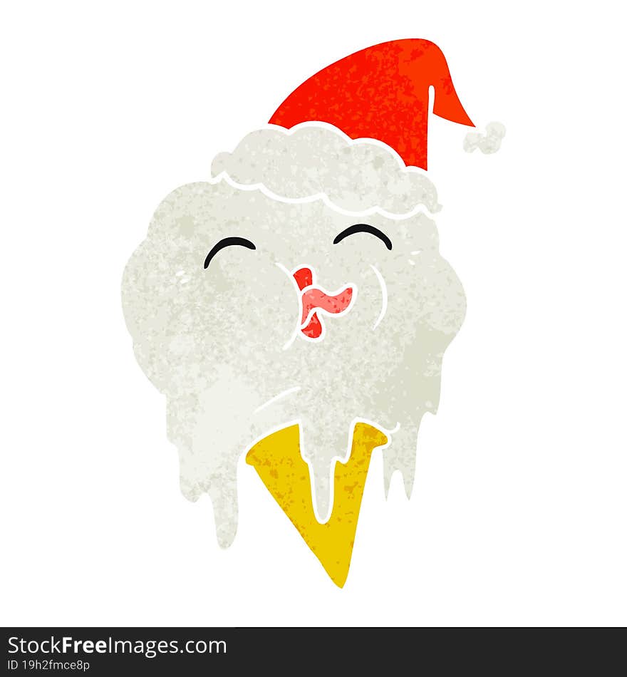 retro cartoon of a melting ice cream wearing santa hat