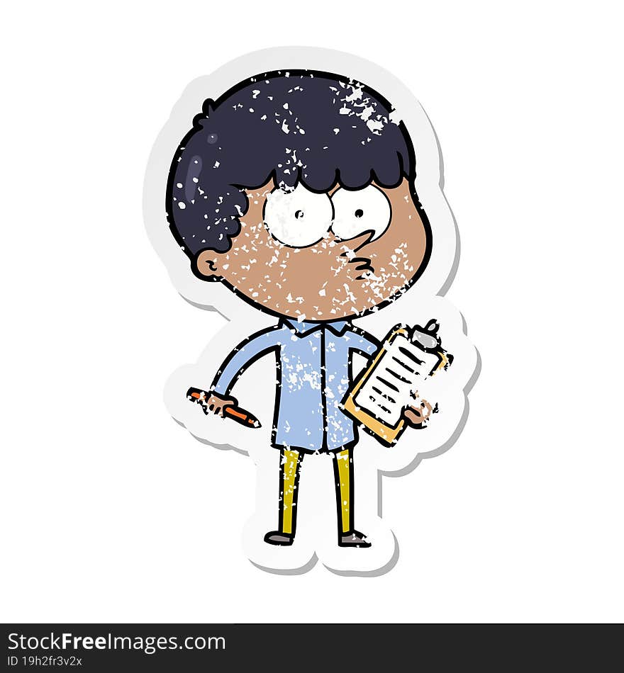 distressed sticker of a cartoon curious boy taking notes