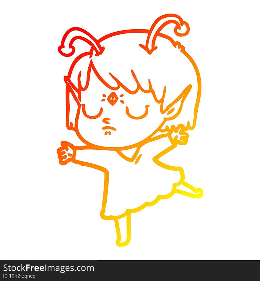 warm gradient line drawing of a cartoon alien girl