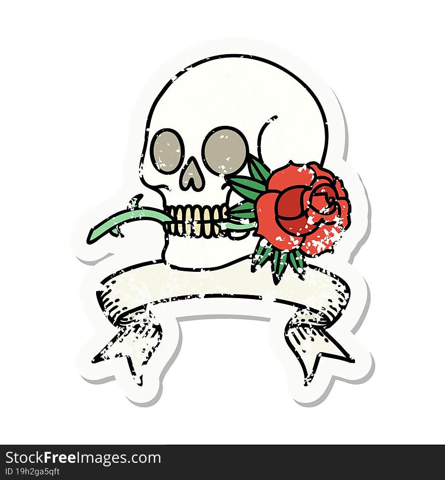 Grunge Sticker With Banner Of A Skull And Rose