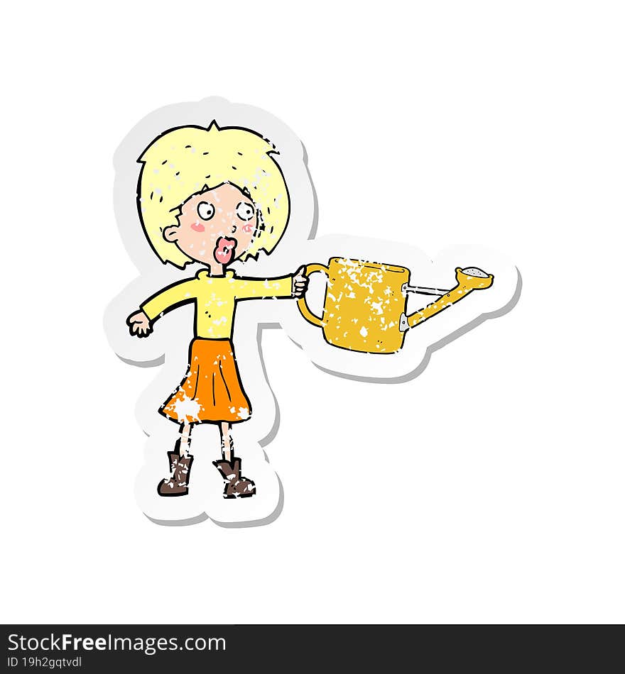 retro distressed sticker of a cartoon woman with watering can