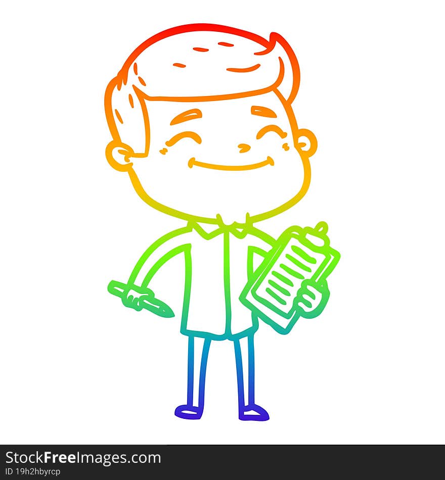 rainbow gradient line drawing happy cartoon man taking survey