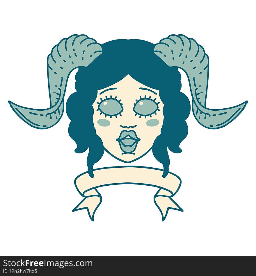 Tiefling Character Face With Scroll Banner Illustration