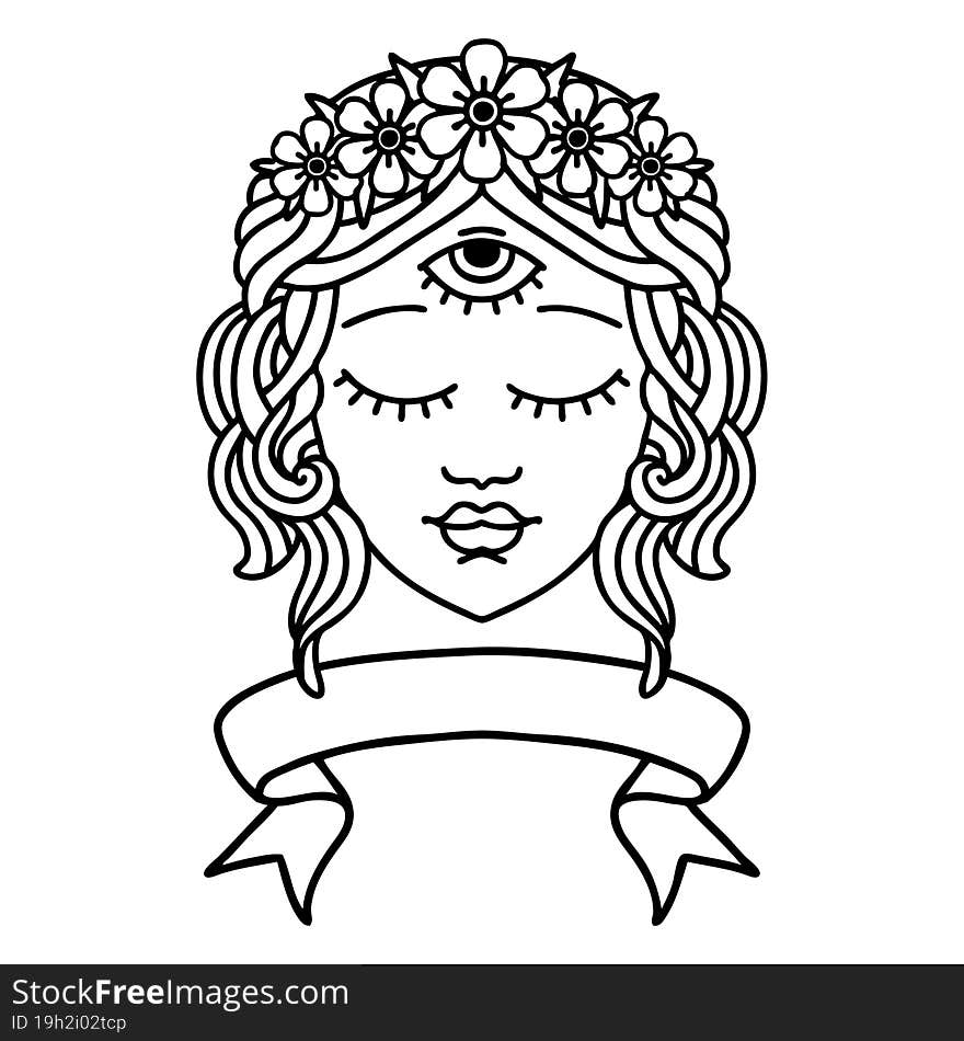 traditional black linework tattoo with banner of female face with third eye and crown of flowers