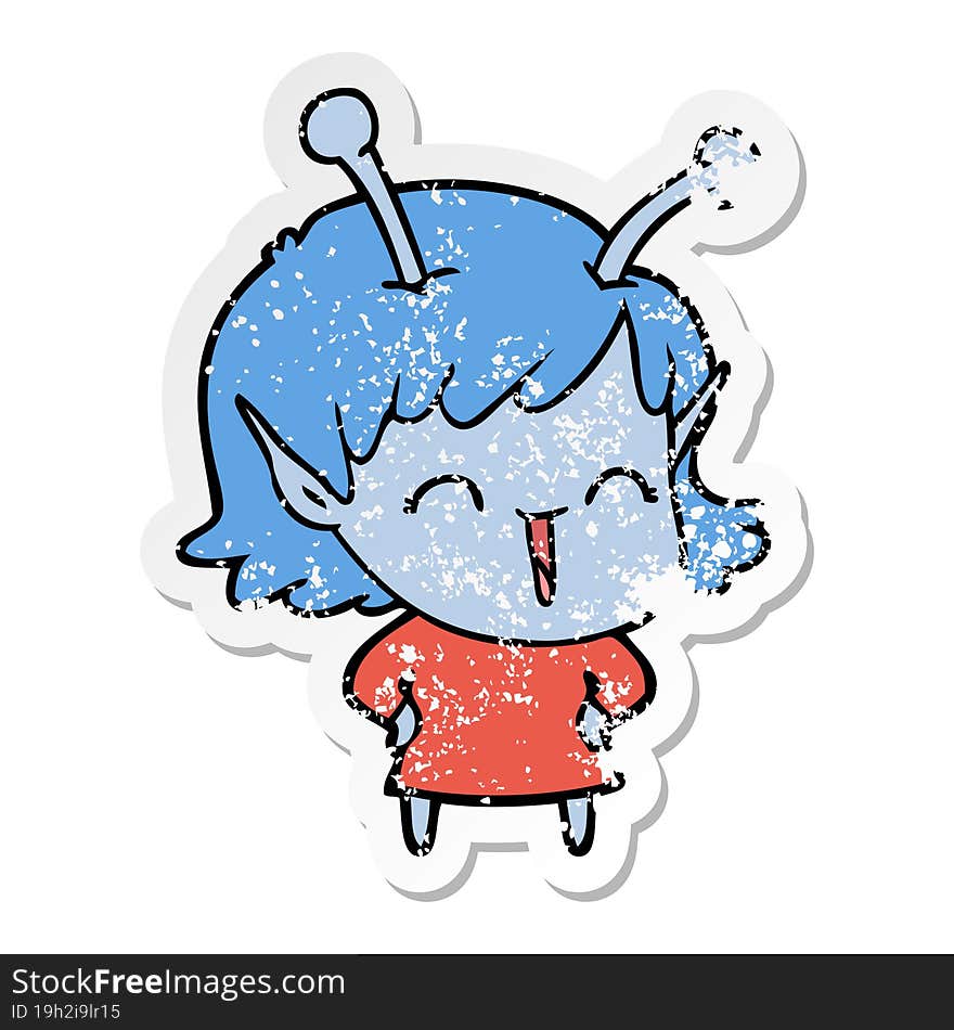 distressed sticker of a cartoon happy alien girl