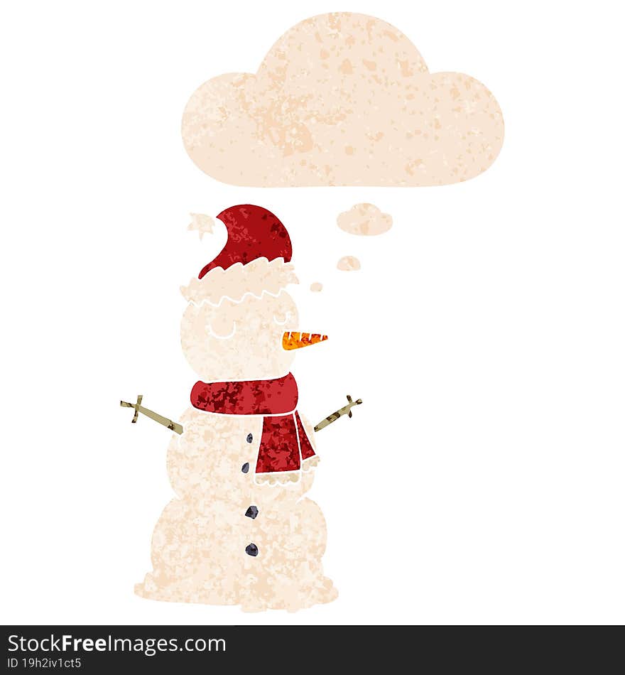 cartoon snowman and thought bubble in retro textured style