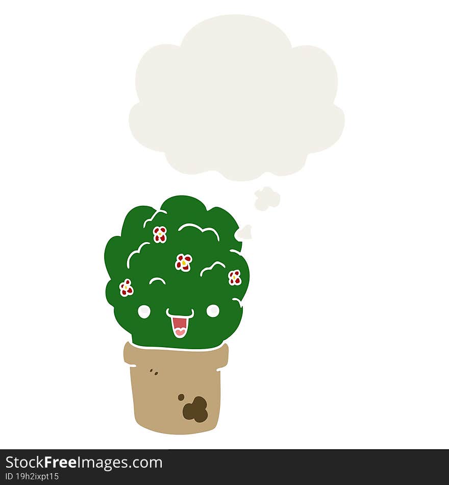 cartoon shrub in pot and thought bubble in retro style