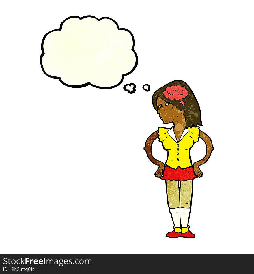 cartoon intelligent woman with thought bubble