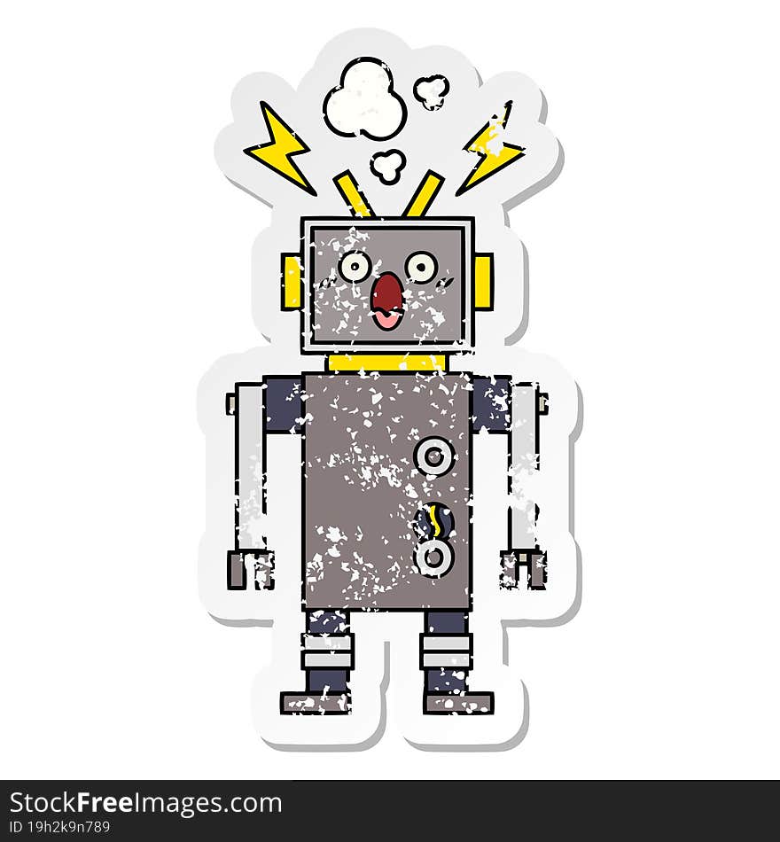 distressed sticker of a cute cartoon malfunctioning robot