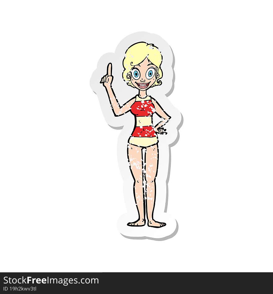 retro distressed sticker of a cartoon woman in striped swimsuit