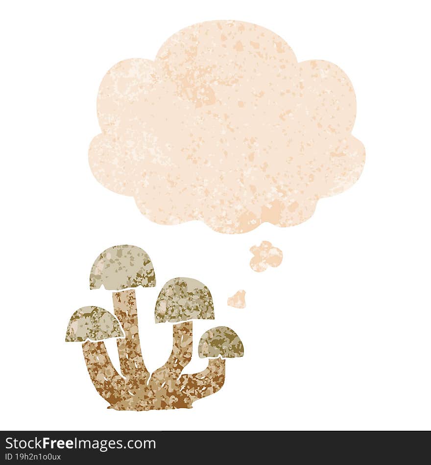 cartoon mushroom with thought bubble in grunge distressed retro textured style. cartoon mushroom with thought bubble in grunge distressed retro textured style