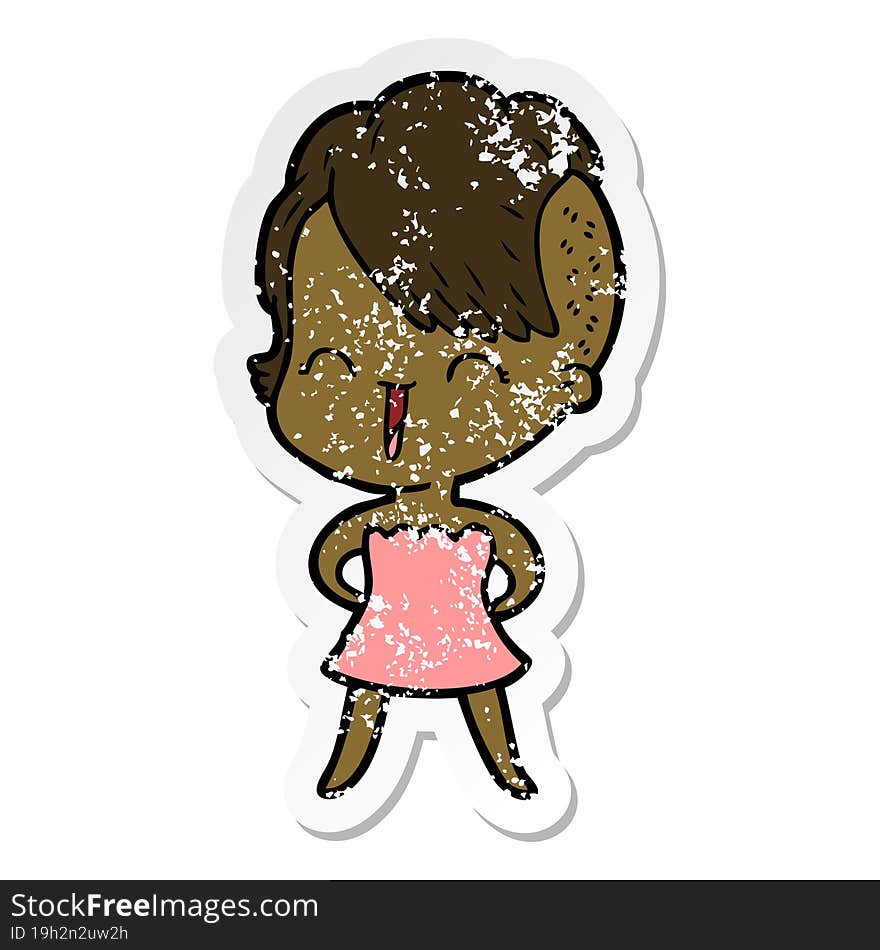 distressed sticker of a happy cartoon hipster girl